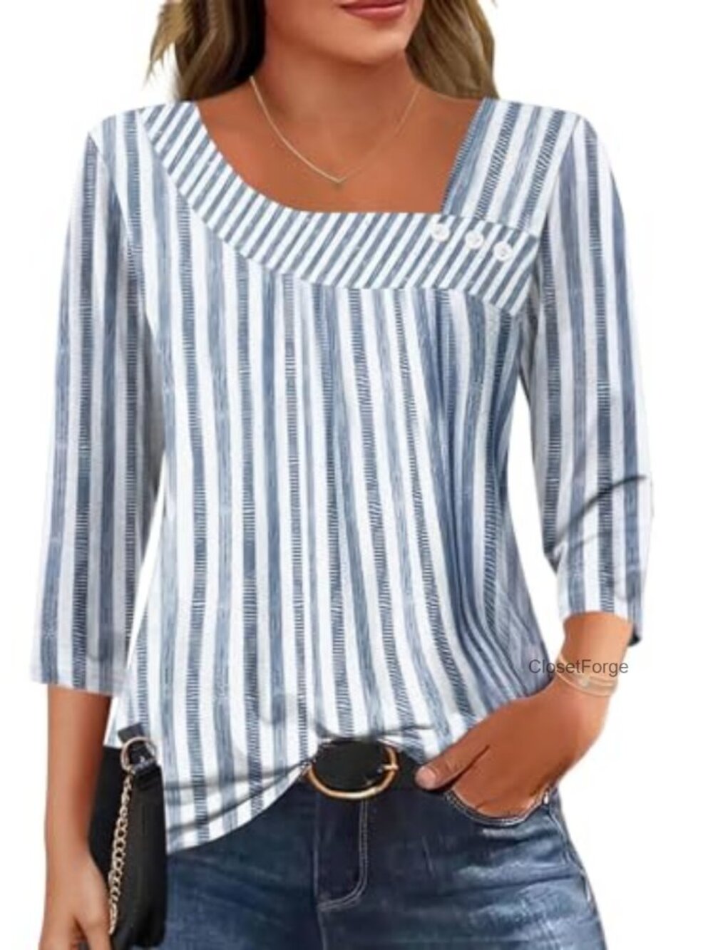 Women's 3/4 Sleeve Button Front Asymmetrical Square Neck Top